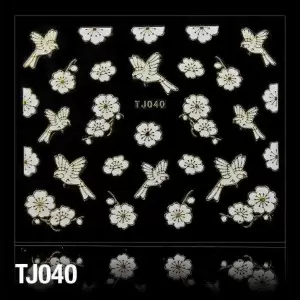 3D ЦВЕТОЧНЫЕ НАКЛЕЙКИ TJ040 БЕЛЫЕ С ЗОЛОТОЙ ЛЕНТОЙ